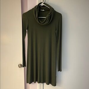 Olive Green Ribbed Turtleneck Dress